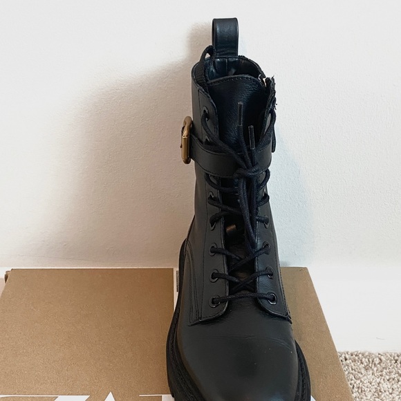 ZARA Black Leather Combat Boot Lace + Buckle Closure Size EU 38 [2177-811-040] - Picture 11 of 12
